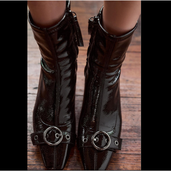 ZARA Buckled Ankle Boots NWT | Patent Faux Leather Block Heel Size 10 - Picture 6 of 12